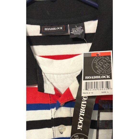 Roadblock Mens L Stripe Polo Shirt Red/Blue/Black/White Cotton Short Sleeve NWT - Picture 1 of 10